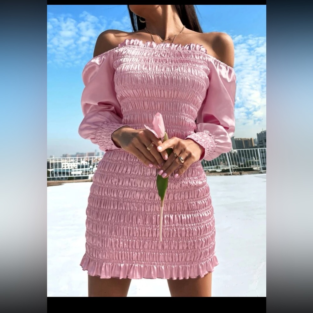 Shein Off Shoulder Bishop Sleeve Shirred Ruffle Trim Satin Bodycon Dress
